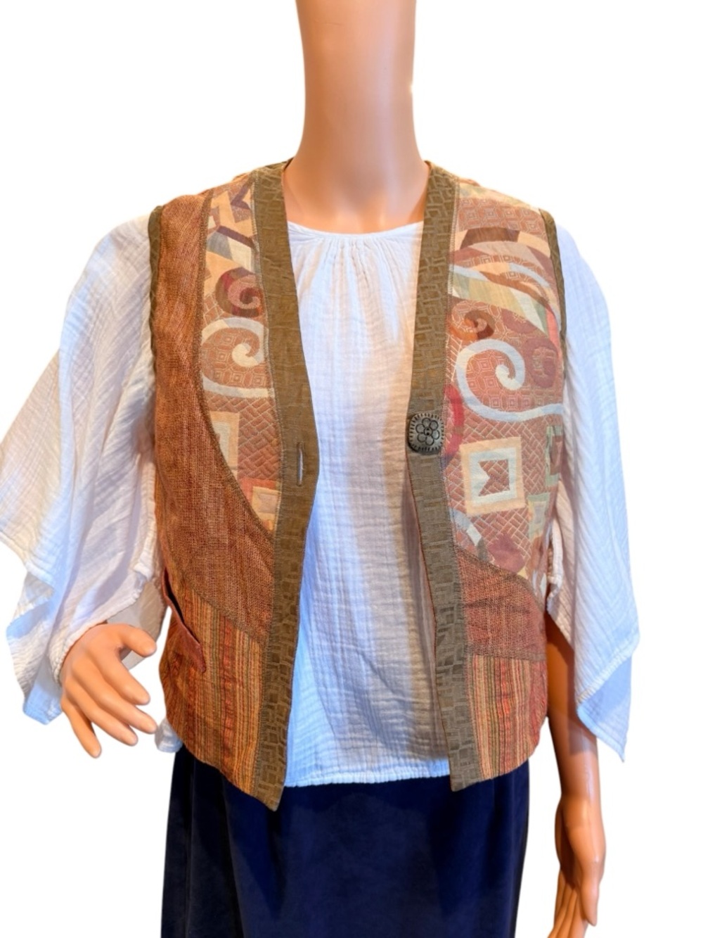 Vintage Linen Tank Top Vest Patchwork Boho Western Rust Tan Small CanvasBacks